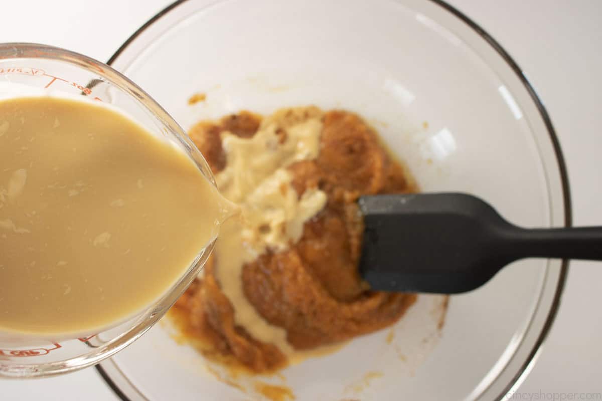 Evaporated milk added to pumpkin mixture.