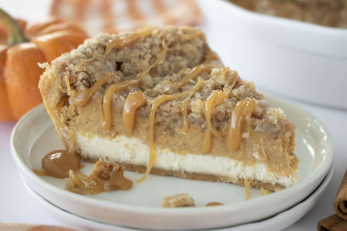 Horizontal image of pie slice with pumpkin cheesecake.