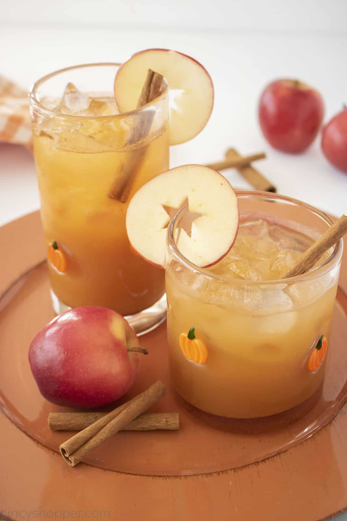 Thanksgiving Punch in two glasses with ice, apple slices and a cinnamon stick.