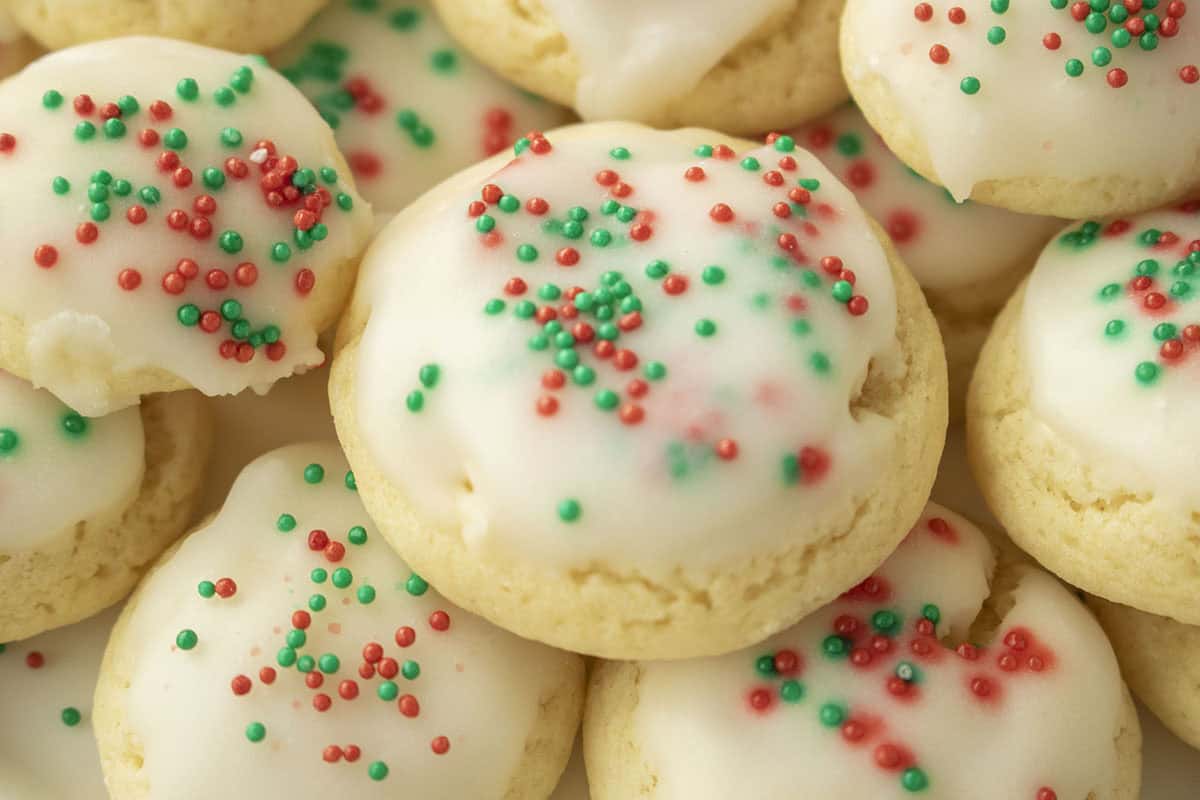 Closeup of bite sized classic Itaian Christmas Cookies with anise.