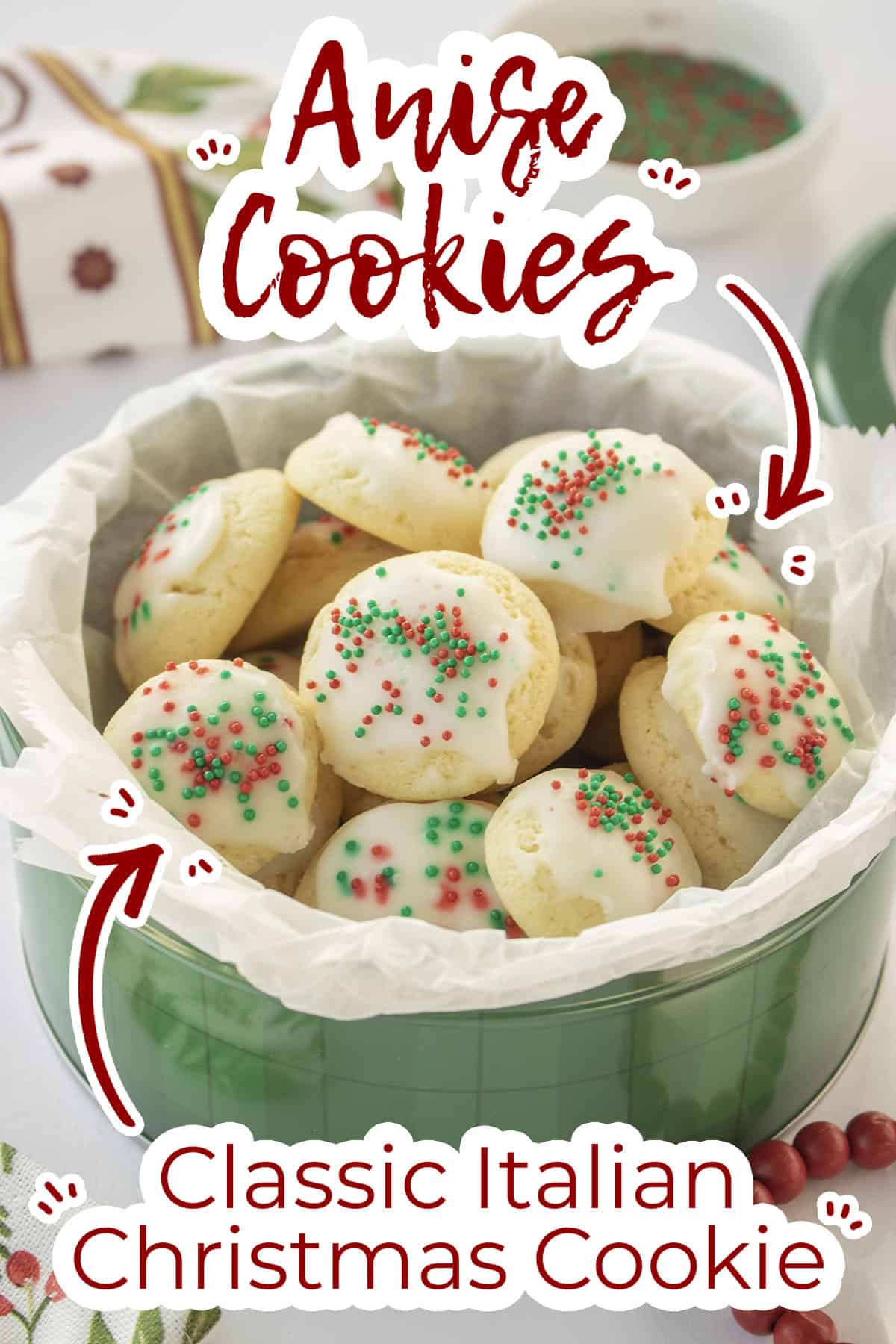 Cookie tin with Anise flavored cookies. Text on image Classic Italian Christmas Cookie.