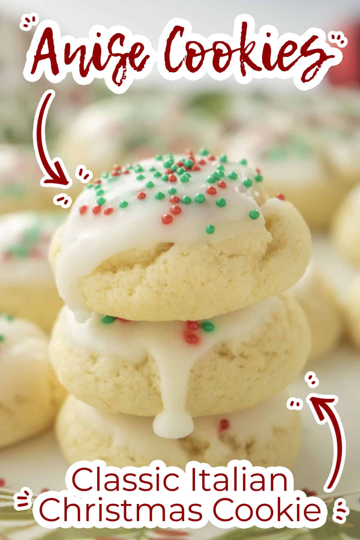 Stack of classic cookies showing icing drizzle Text on image Classic Italian Christmas Cookie.