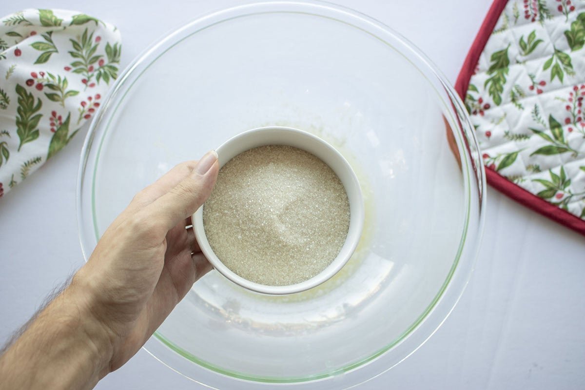 Sugar added to melted butter and shortening mixture.