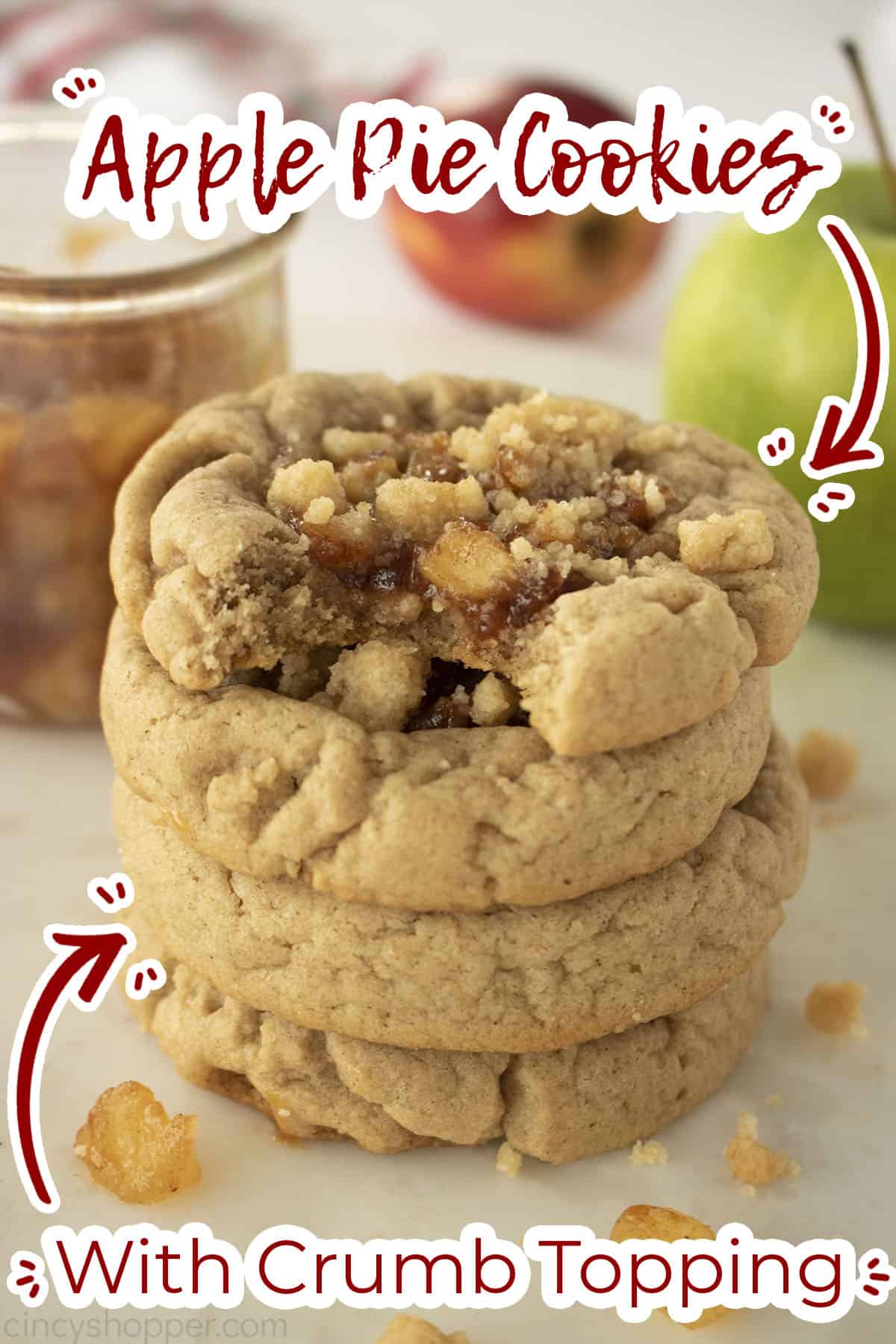 Stack of apple Pie Cookies on w awhite Marble board. Text on image 'with crumb topping"