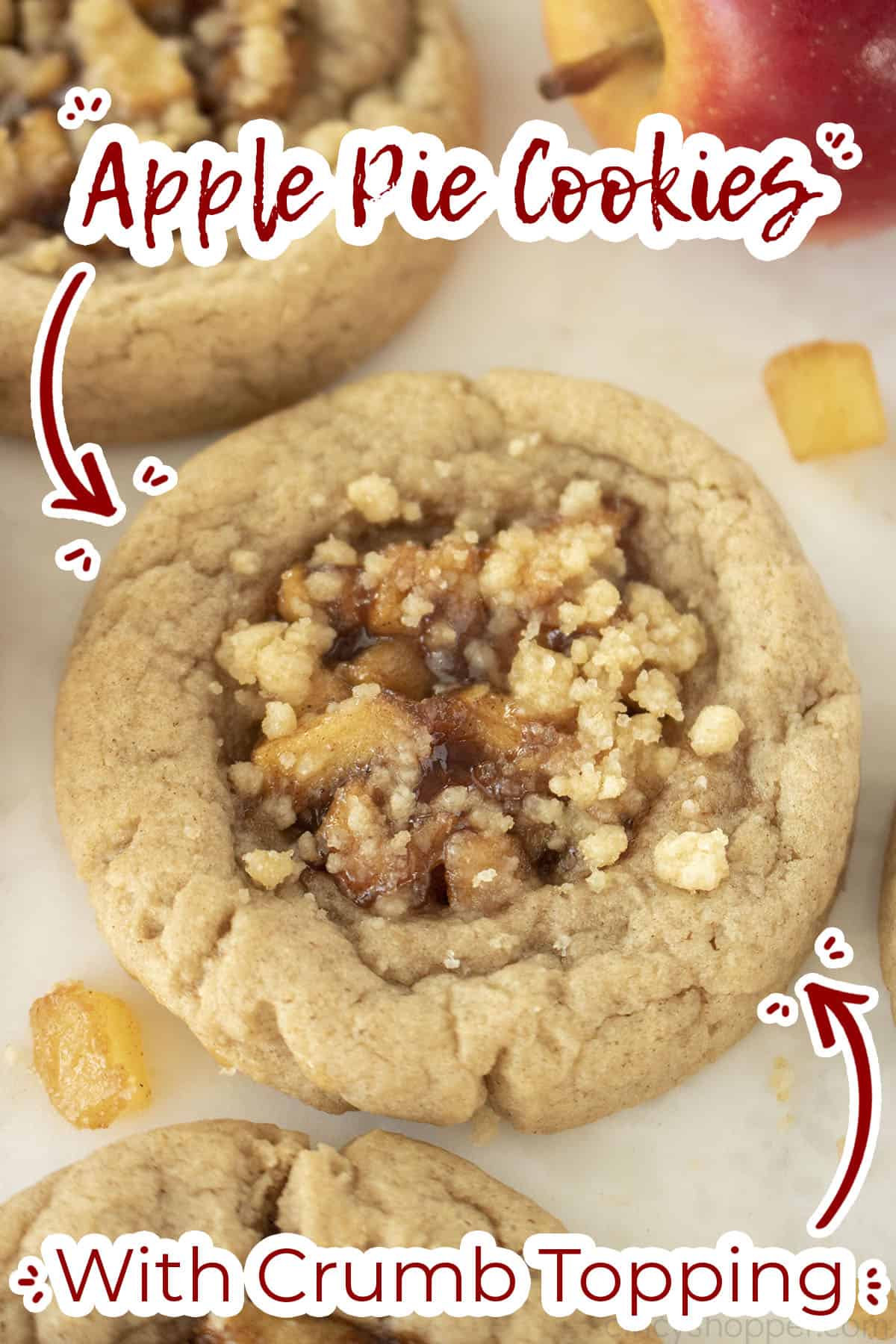 Overhead view of apple cookies with filling and crumb closeup. Text on image "with crumb topping"