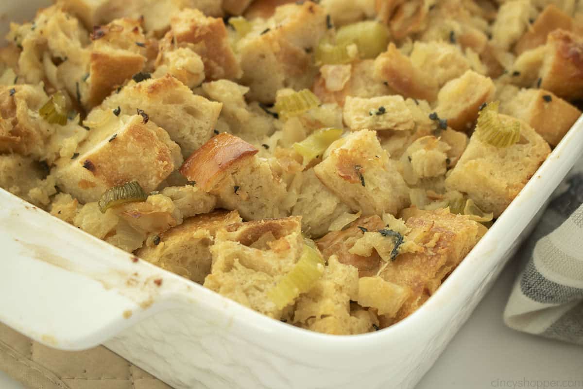 Fresh homemade dressing in a casserole dish.