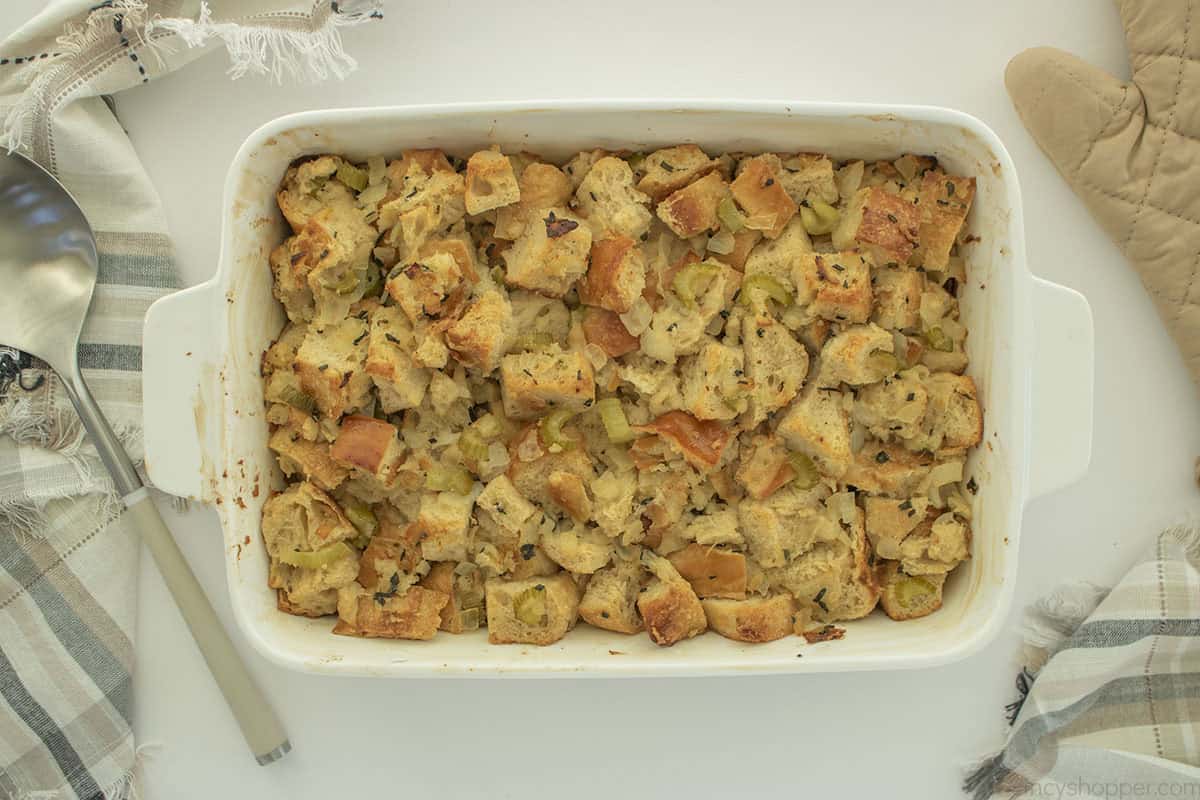 The best stuffing fully baked in a white casserole dish.