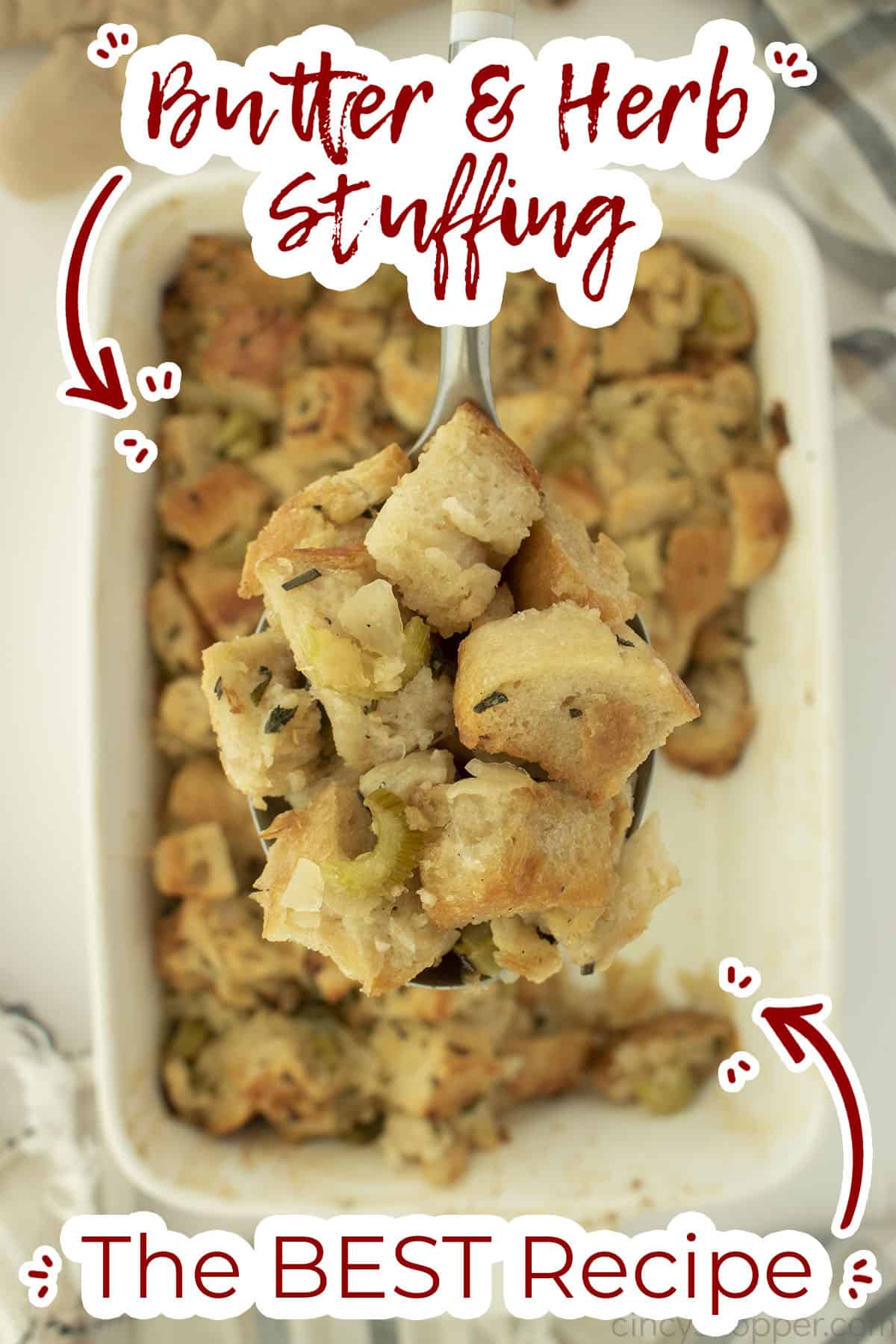 Spoon shot with text on image The Best Stuffing Recipe