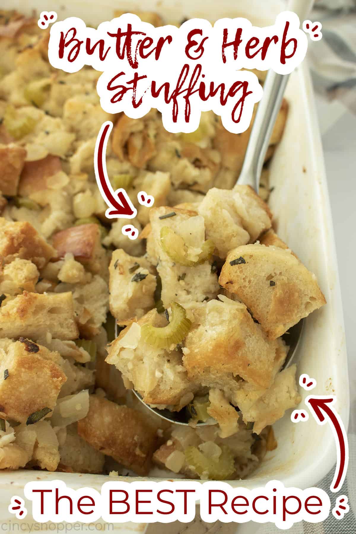 Spoon with homemade stuffing with text on image The Best Recipe