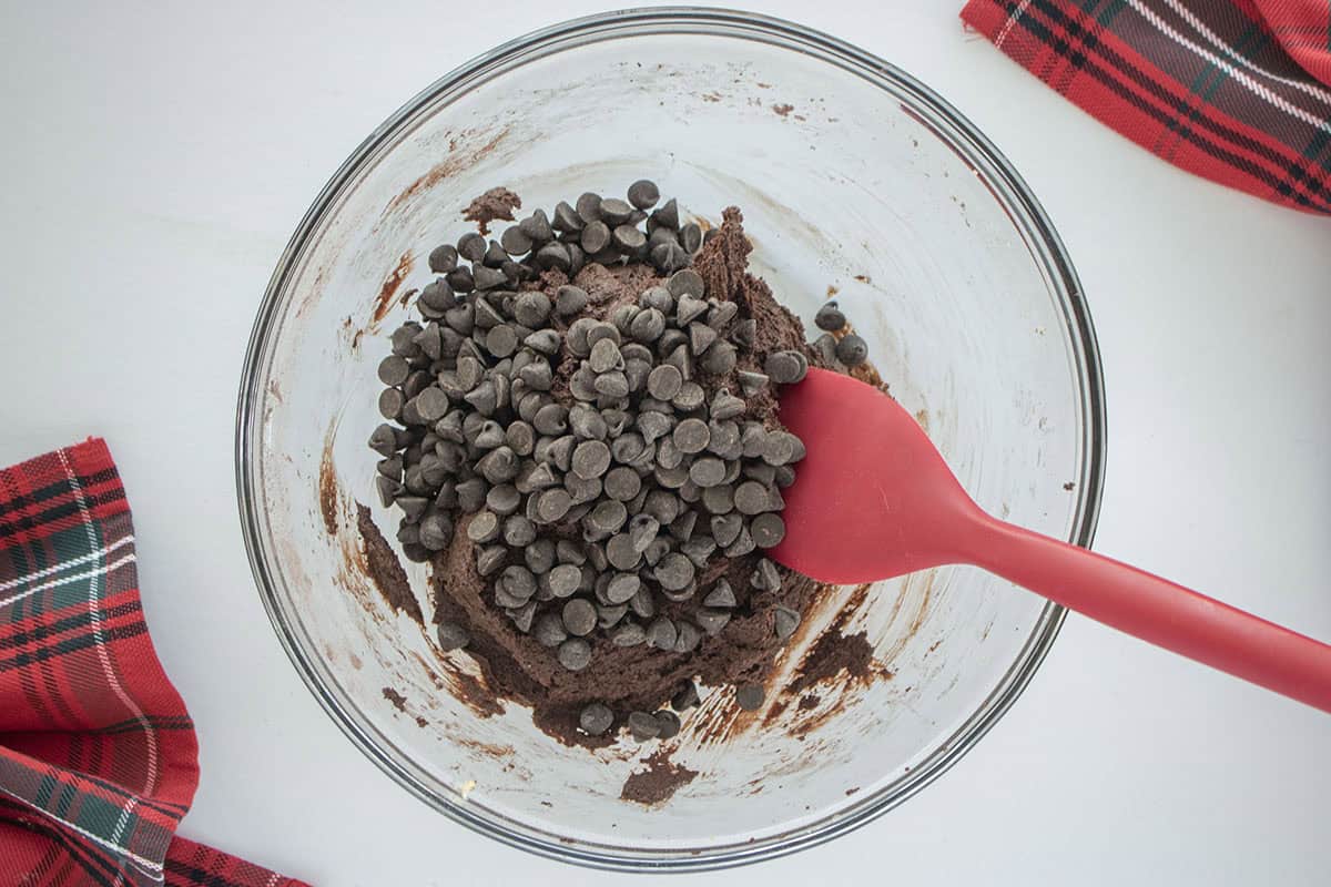 Dark chocolate chips added to chocolate cookie dough.