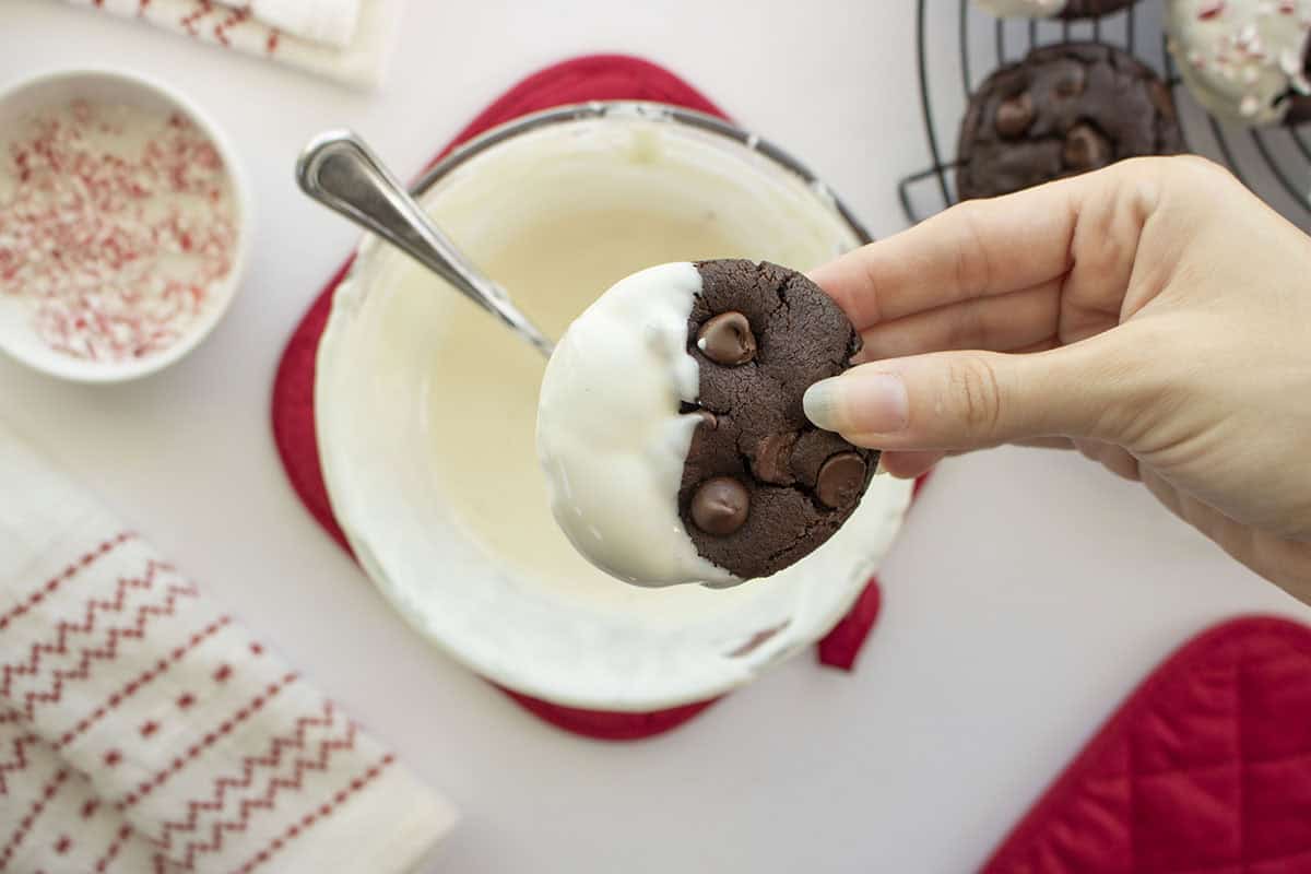 Chocolate and peppermint cookie dipped in white chocolate.