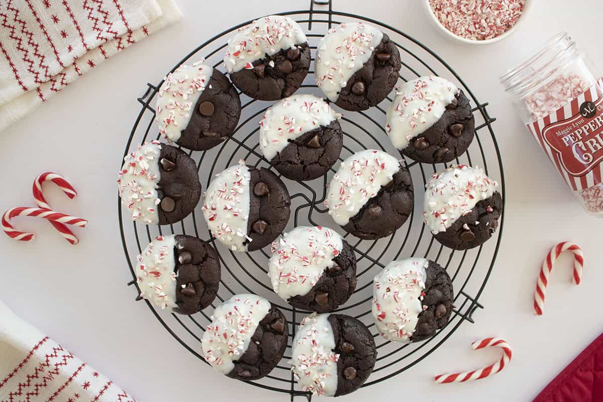 Baked Chocolate and peppermint Cookies on a cooling rack.