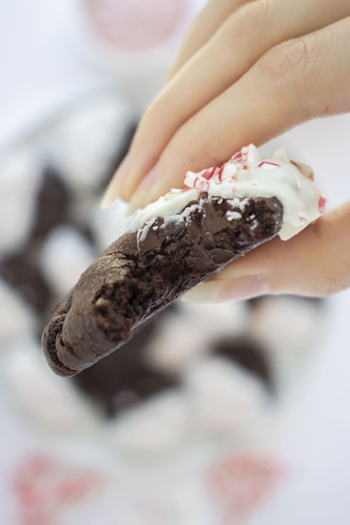 Closeup of a bite taken from Peppermint Cookie.