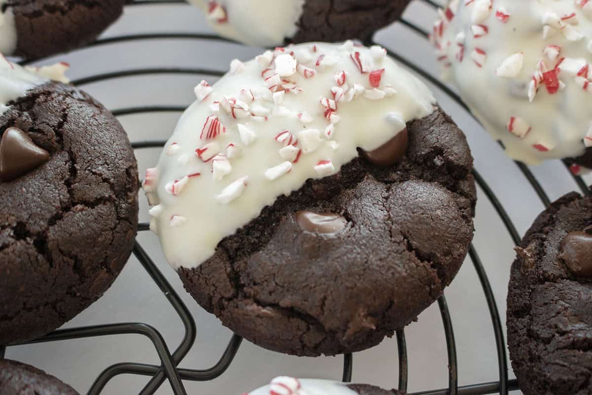 Closeup of dipped cookie on cooling rack.