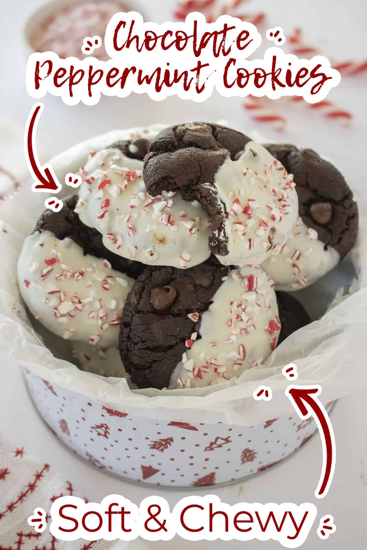 Cookie tin with Triple Chocolate Peppermint Cookies with text "Soft and Chewy"