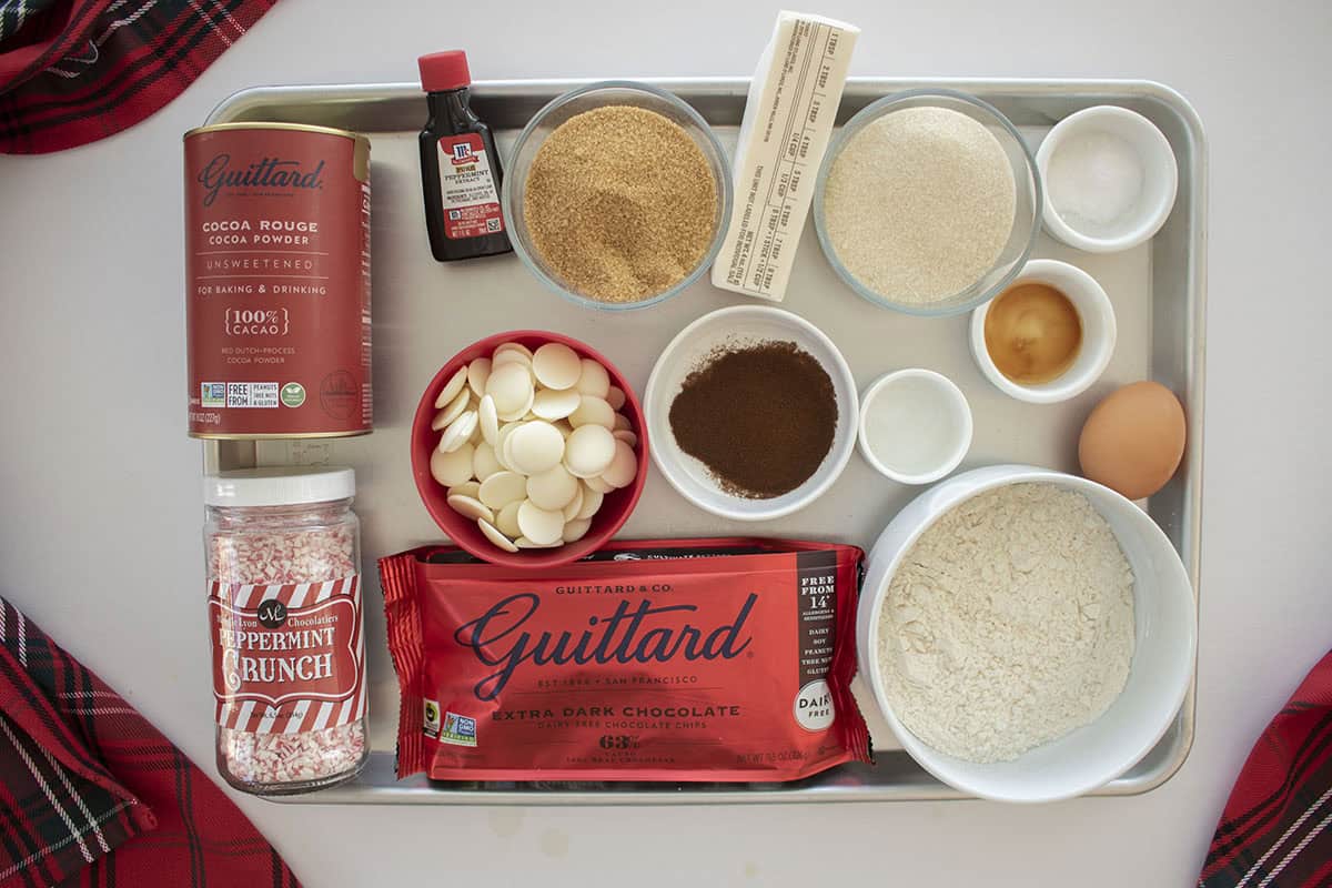 Ingredients to make Chocolate Peppermint Cookies.