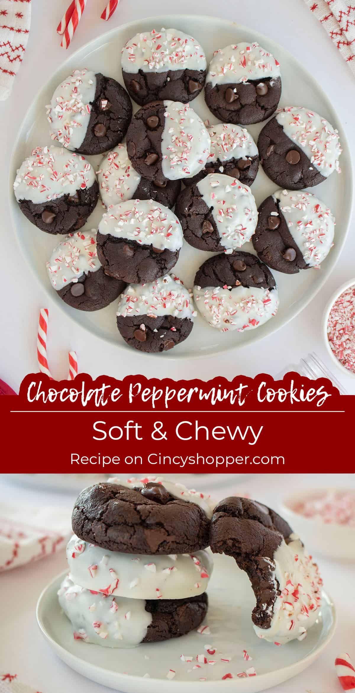 Long Pin collage of Chocolate Peppermint Cookies with text "Soft and Chewy"