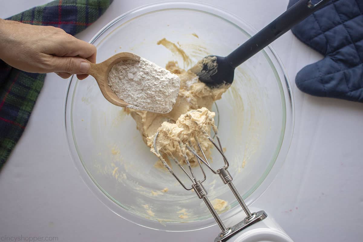 Flour mixture added to butter mixture.