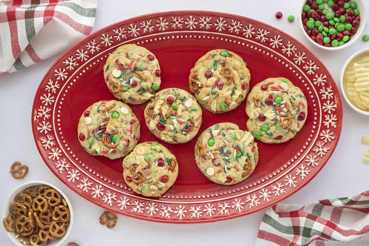 Platter of Kitchen Sink Cookies for Christmas.