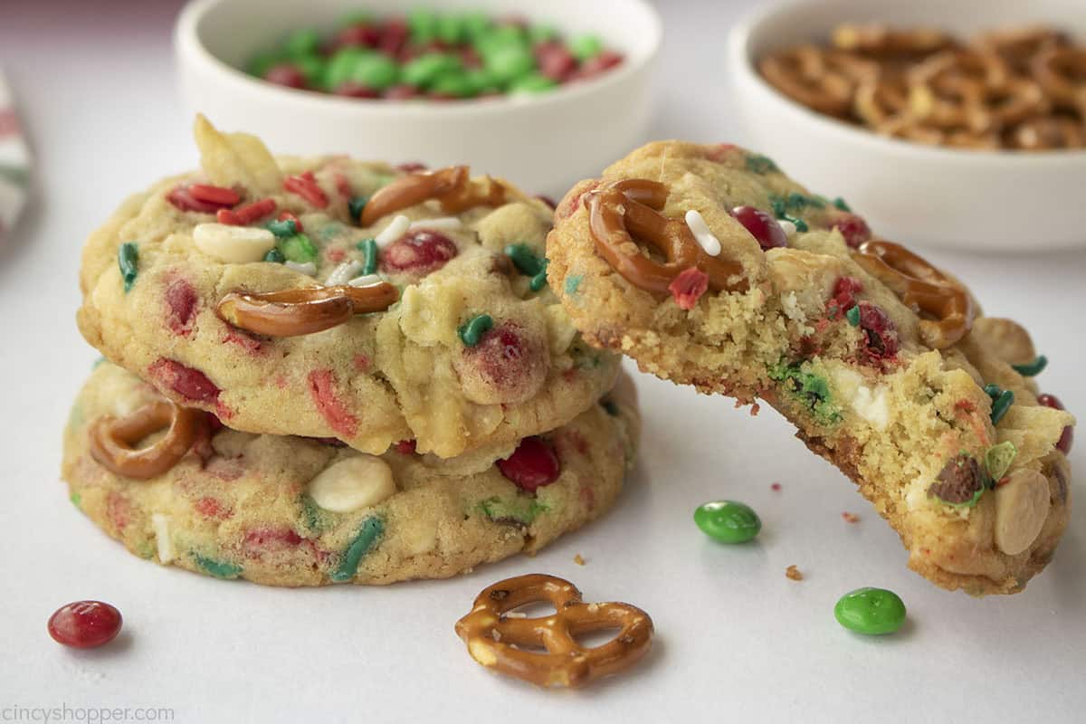 Christmas Kitchen Sink Cookies with a bite taken out.