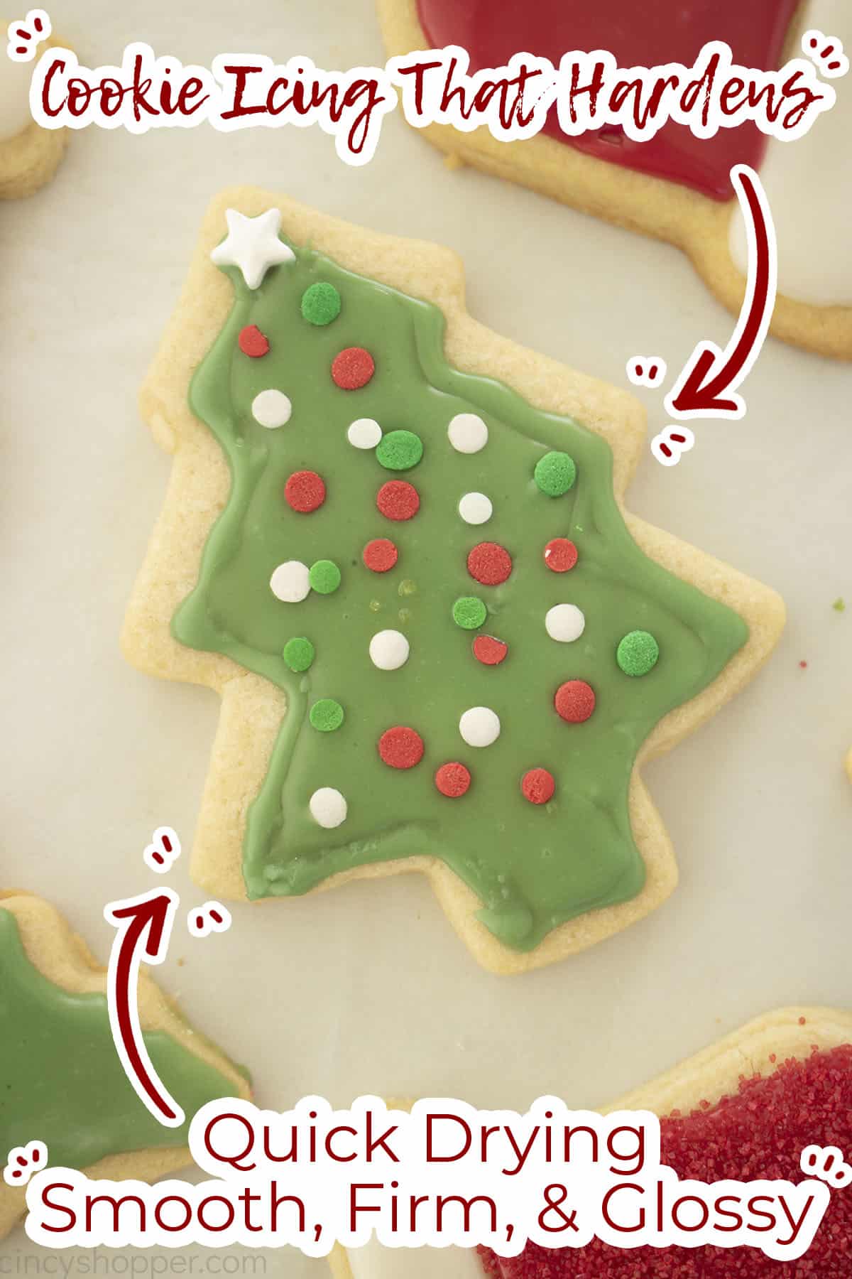 Finished decorated sugar cookie with icing that is smooth, glossy and hardens.