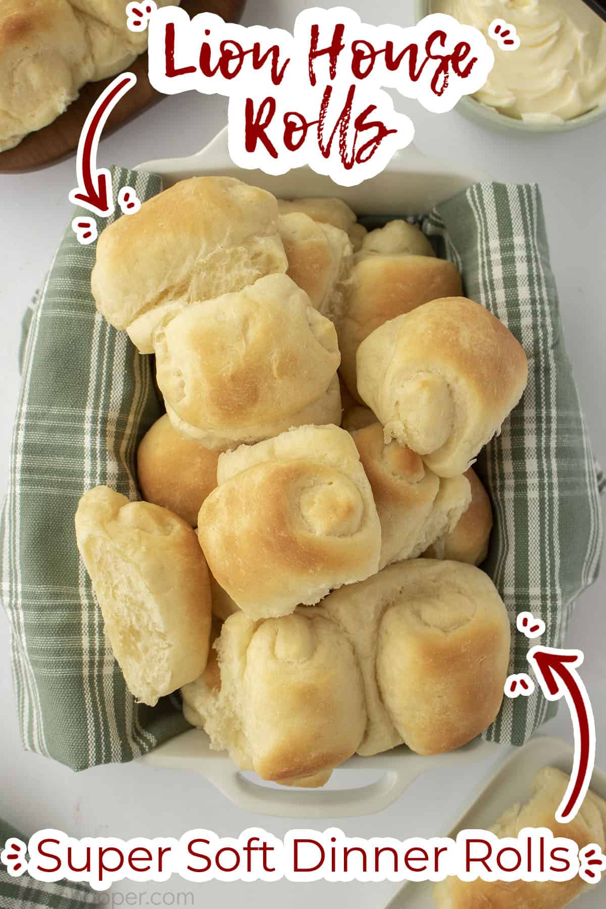 Overhead Lion House Rolls with with text on image Super Soft Dinner Rolls.