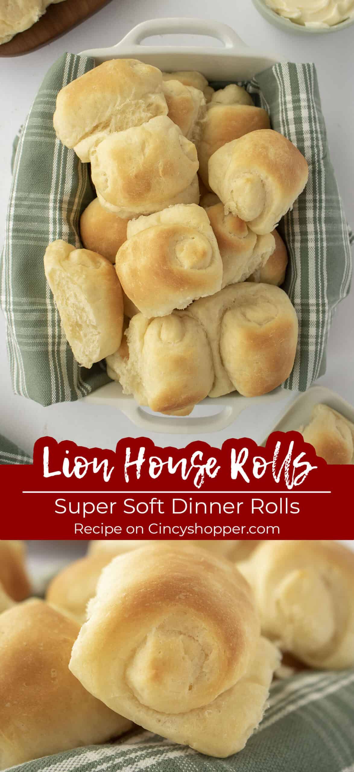 Long pin collage with text on image Lion House Rolls Super Soft Dinner Rolls.