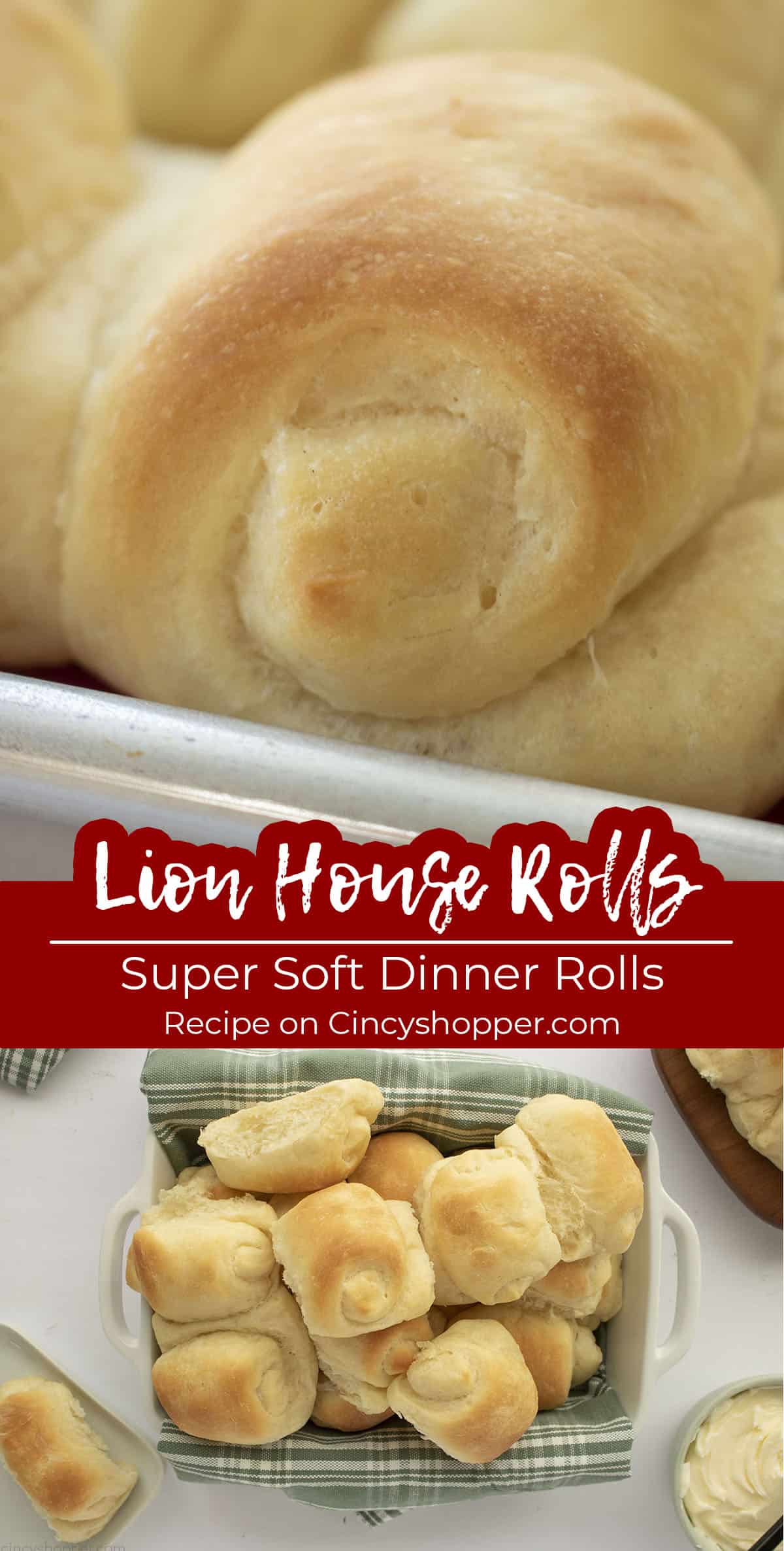 Long pin collage with text on image Lion House Rolls Super Soft Dinner Rolls.
