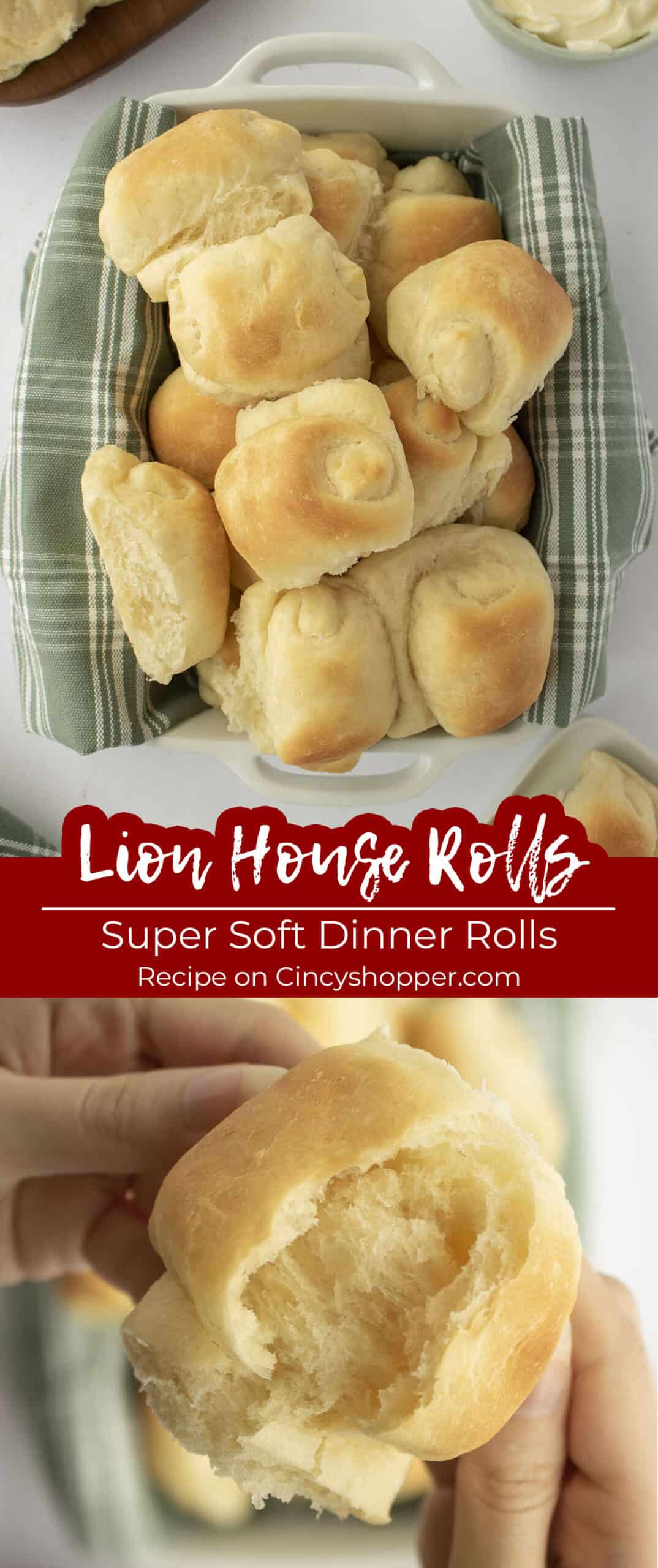 Long pin collage with text on image Lion House Rolls Super Soft Dinner Rolls.