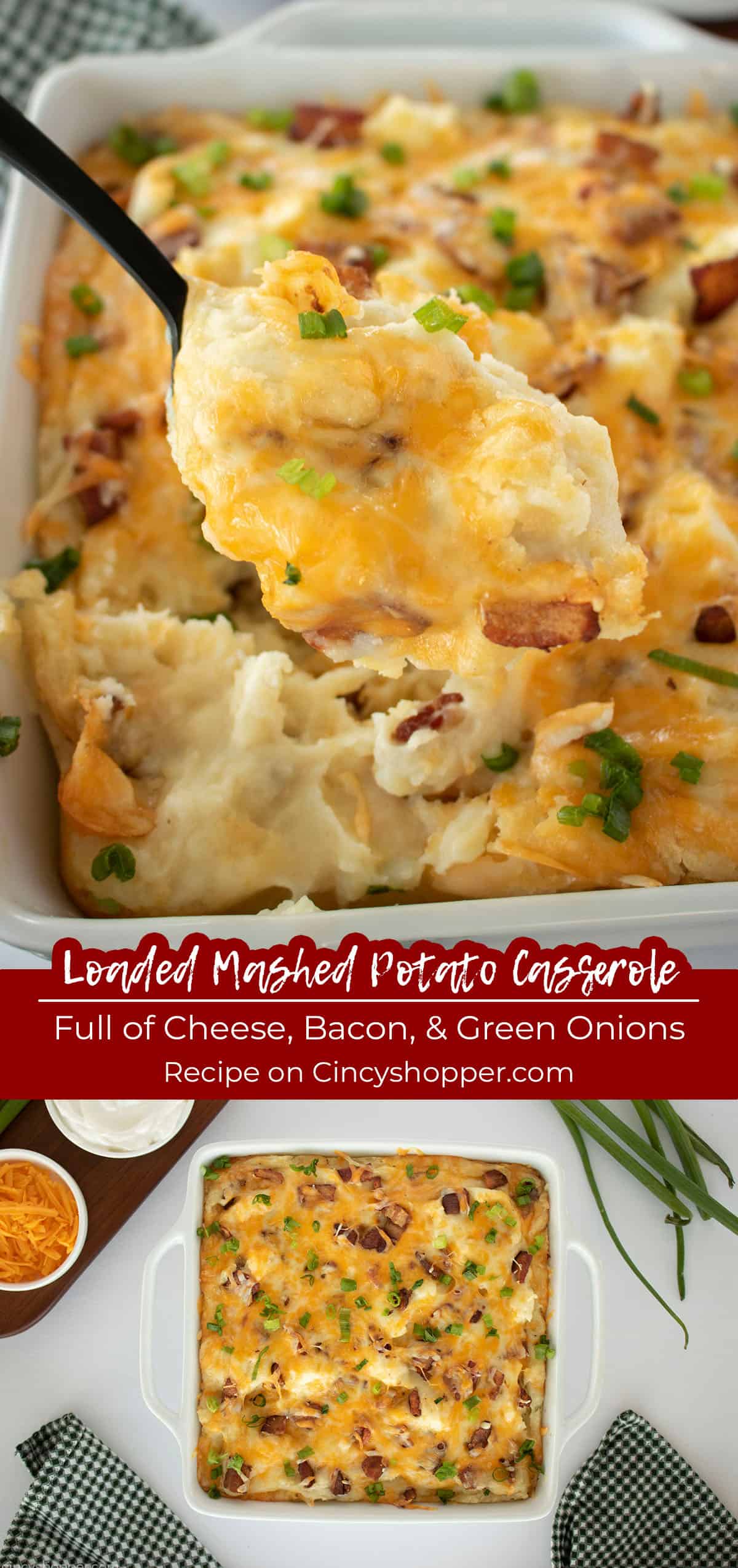 Long pin collage with text on image full of cheese, bacon and green onion. 