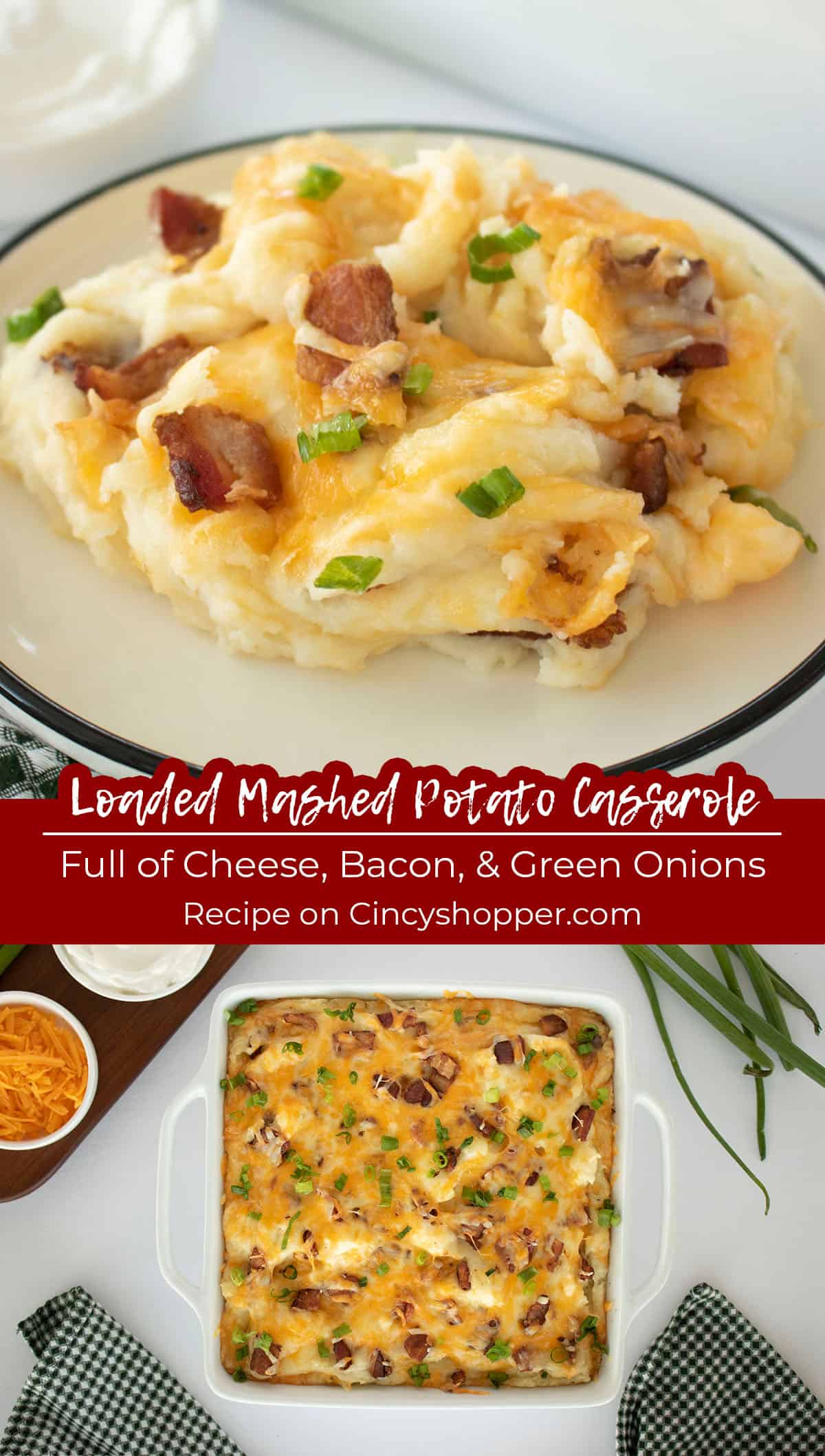 Long pin collage with text on image full of cheese, bacon and green onion. 