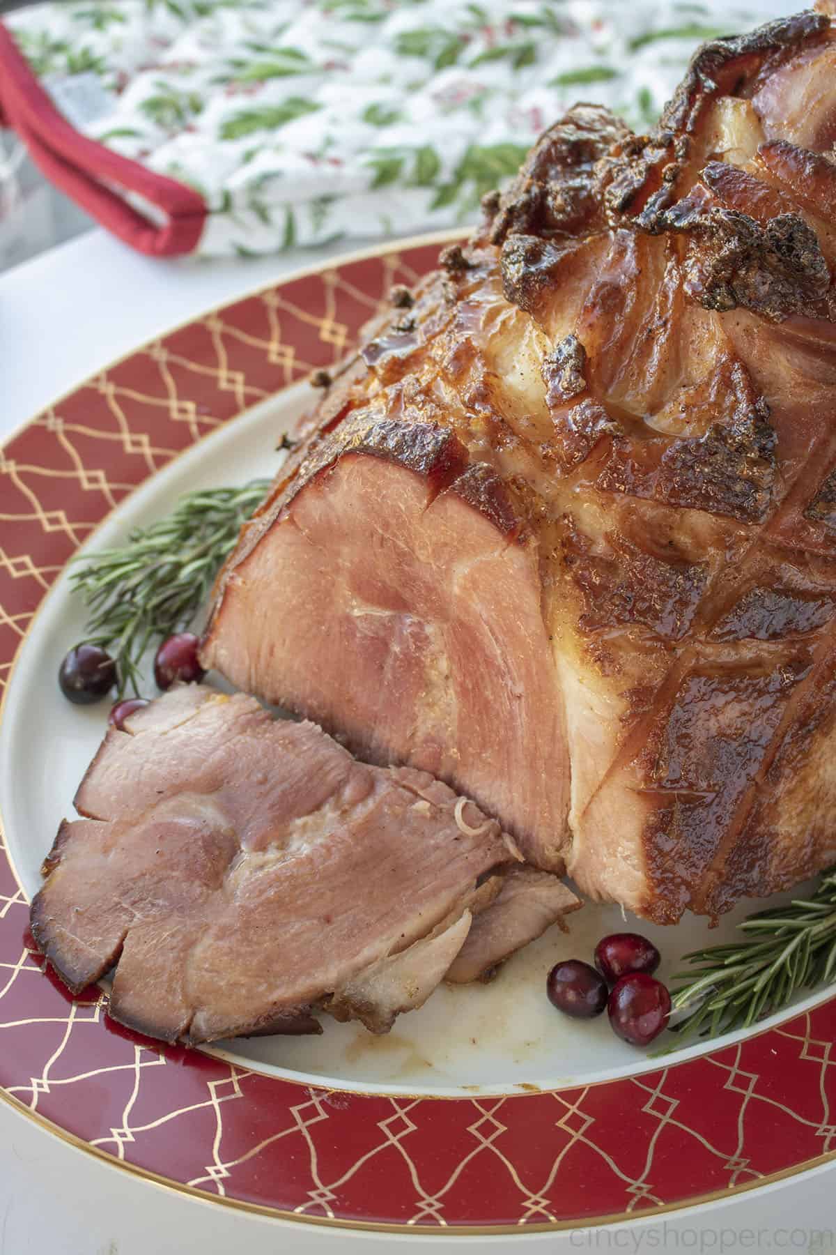 Sliced Christmas Ham with maple glaze.