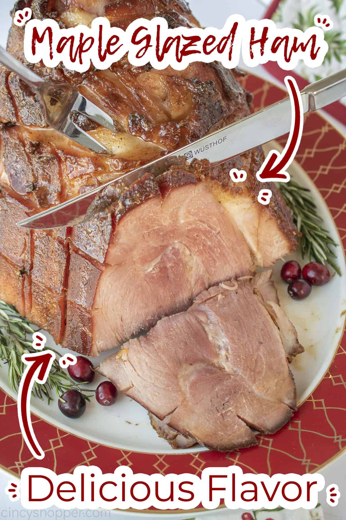 Slicing Ham with maple glaze. Text on image 'delicious flavor"