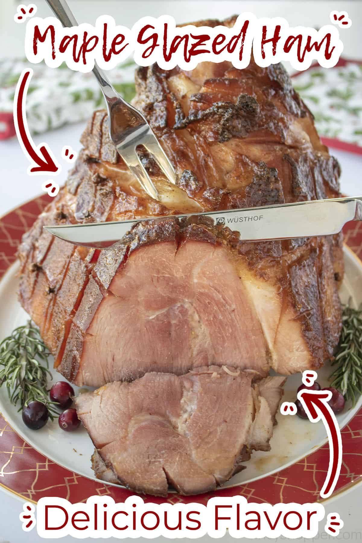Carved Maple Ham. Text on image 'delicious flavor"