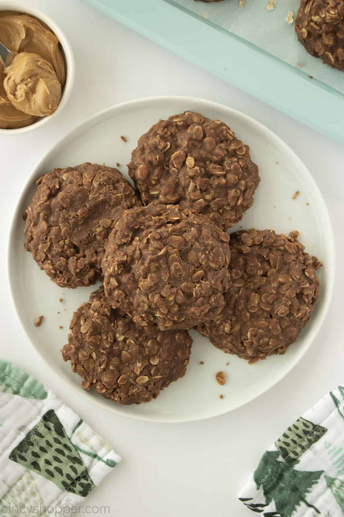 No Bake Chocolate Peanut Butter Cookies on a round white plate.