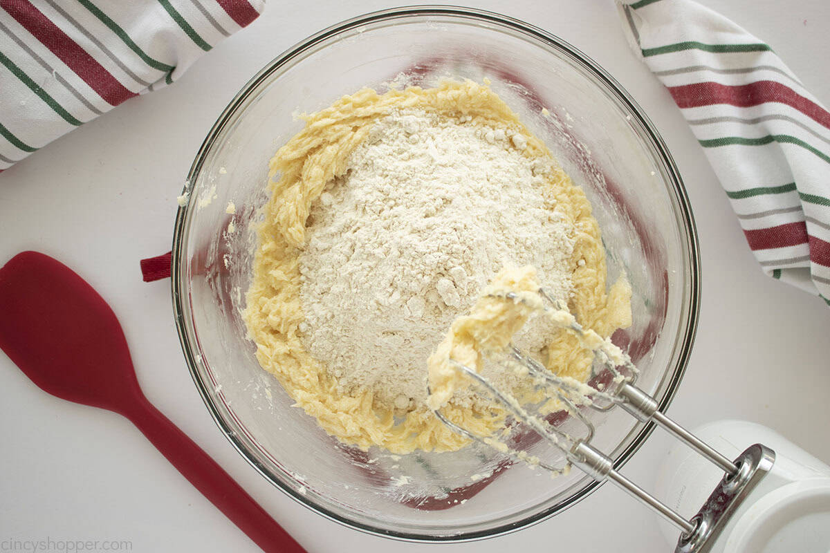 Flour added to butter mixture.