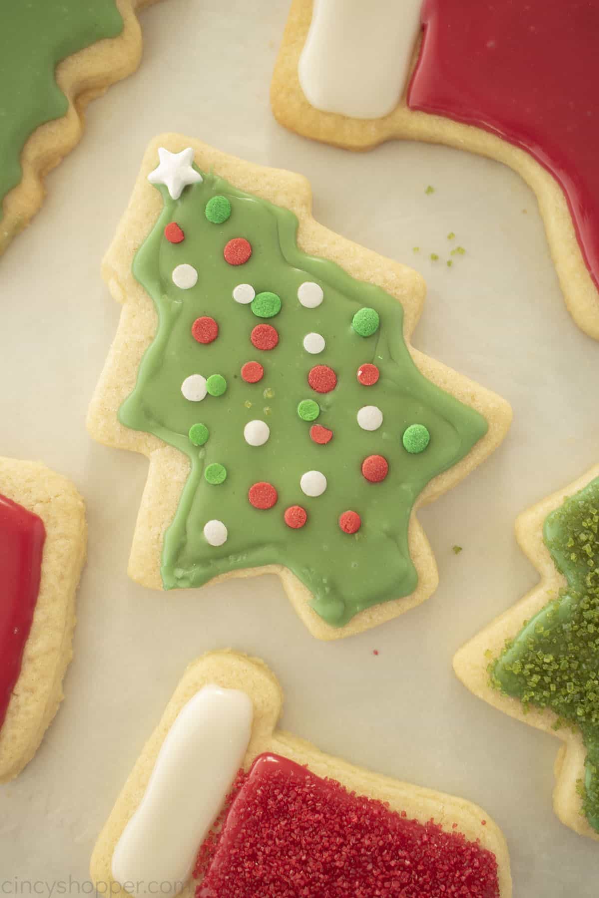 Close-up of decorated Christmas Sugar Cookie tree.