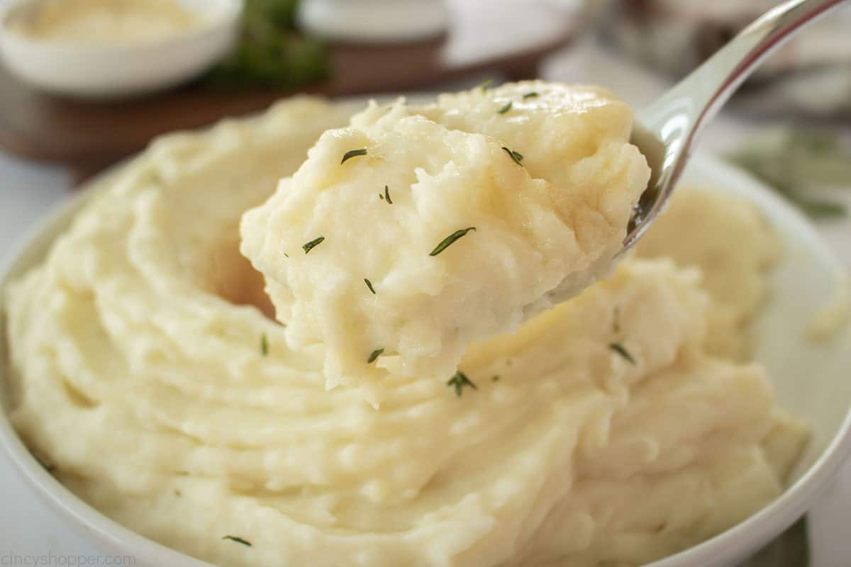 Spoon with Roasted Garlic Mashed Potatoes.