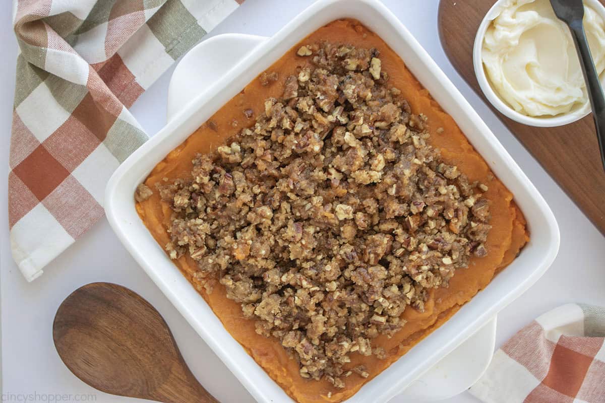 Horizontal image of Copycat Ruth Chris sweet potato casserole.