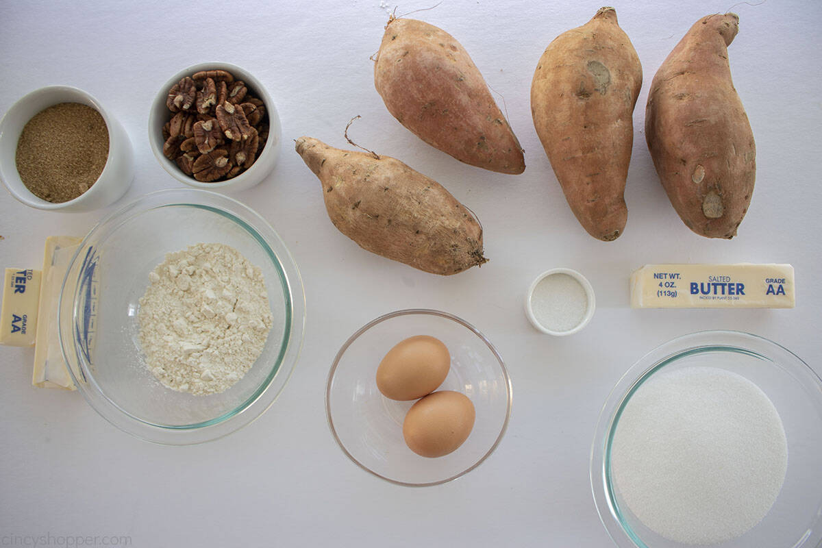 Ingredients to make sweet potato casserole.