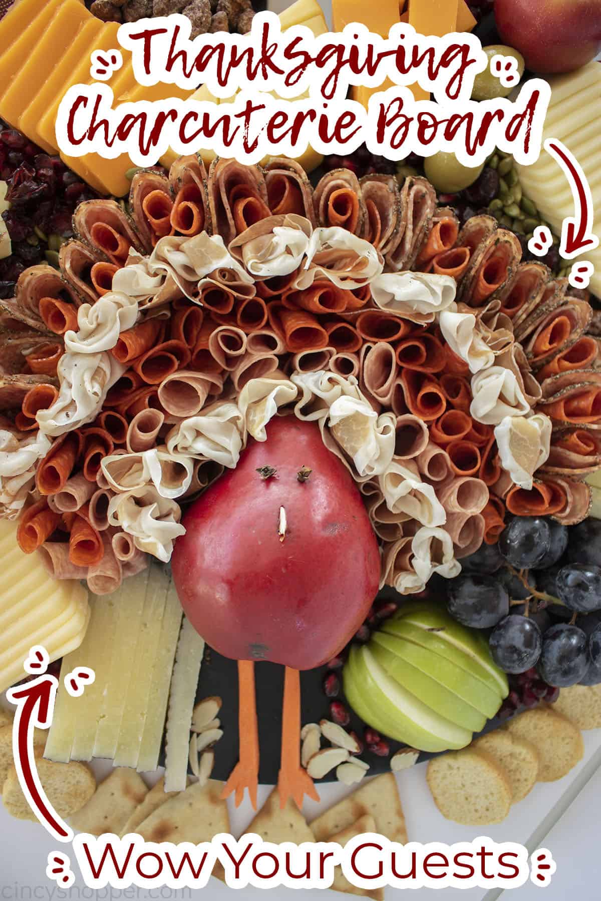 Text on image Wow your Guests meat and cheese board with fruits and turkey body.