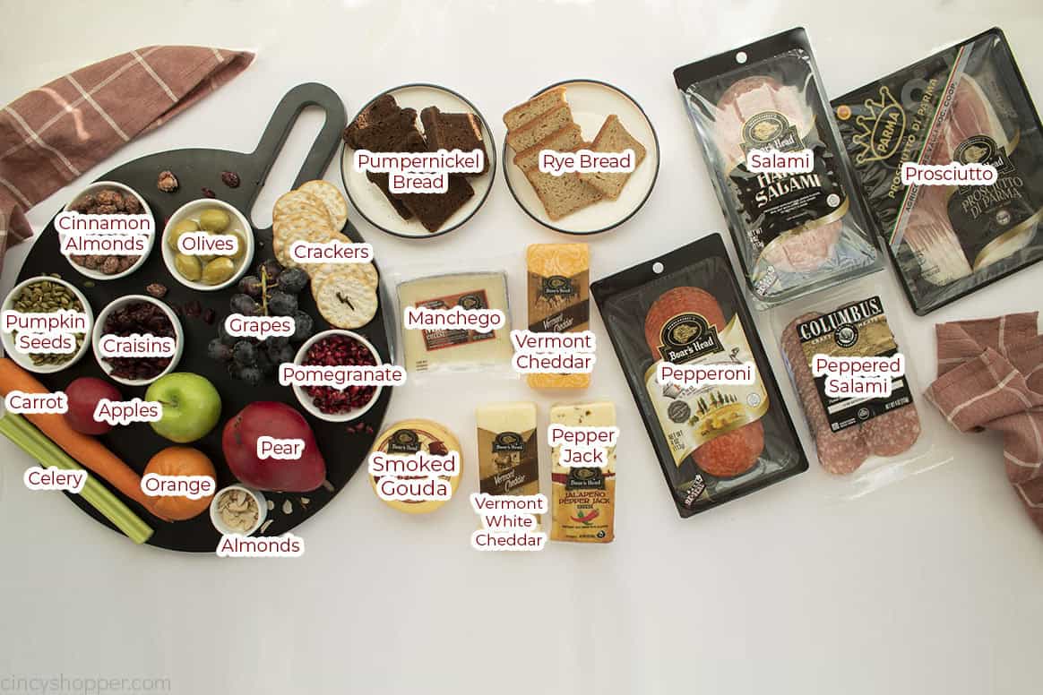 Thanksgiving Charcuterie Board Ingredients with labels.