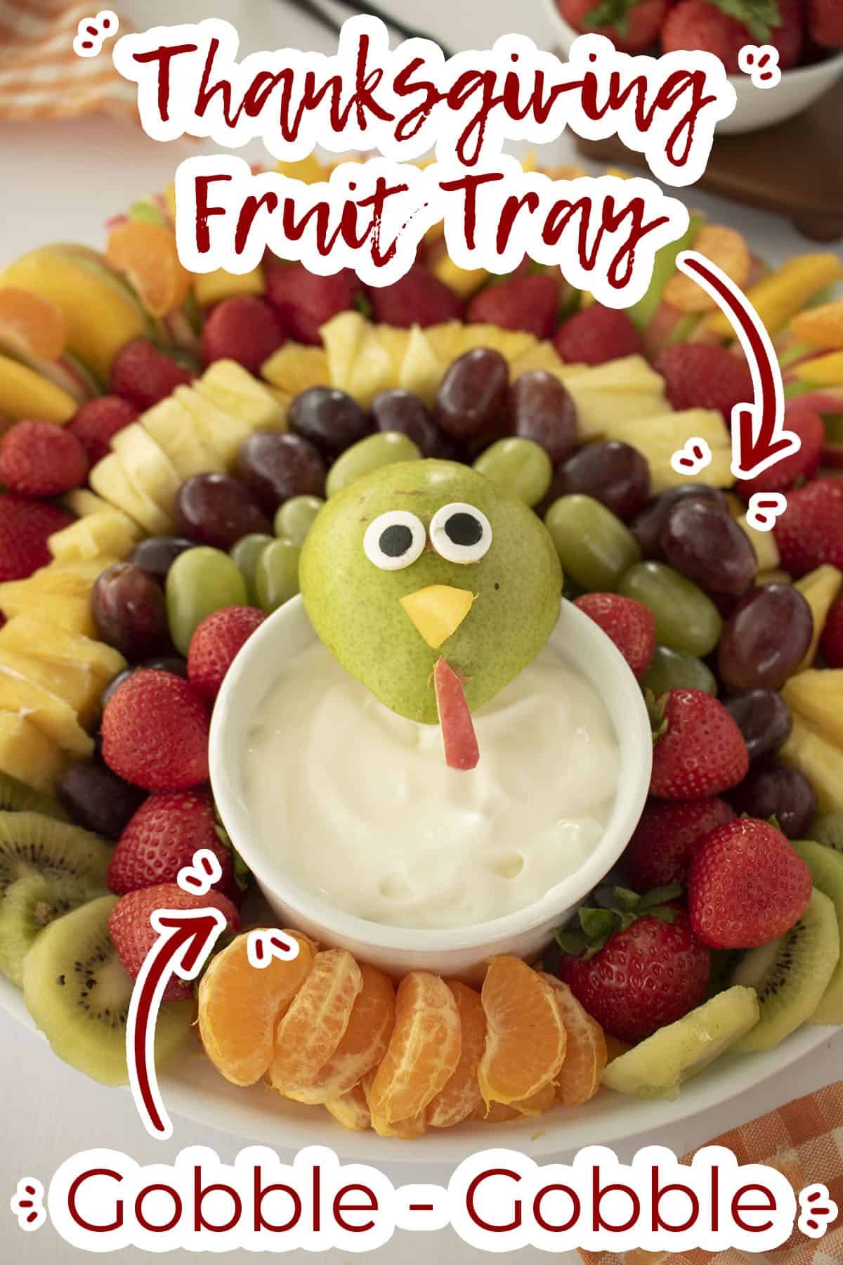 Fruit shaped like a turkey with text on image Gobble Gobble.