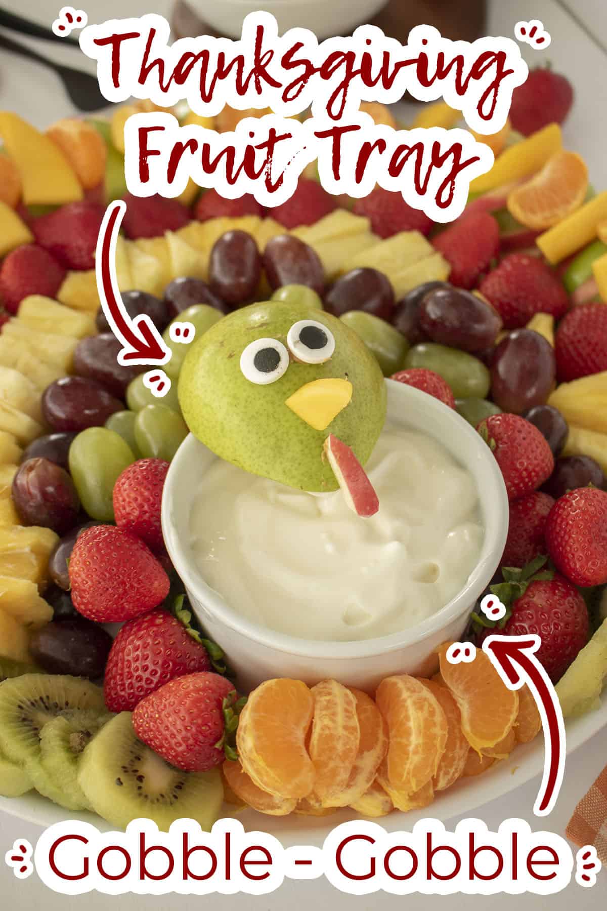 Closeup pin of Turkey face with pear text on image "Gobble Gobble"