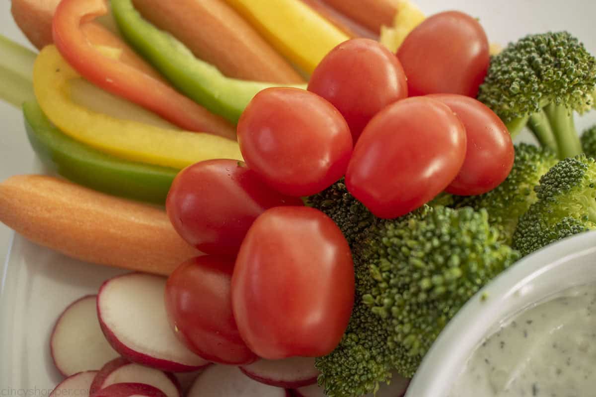 Cherry tomatoes and broccoli added next to the dip bowl.