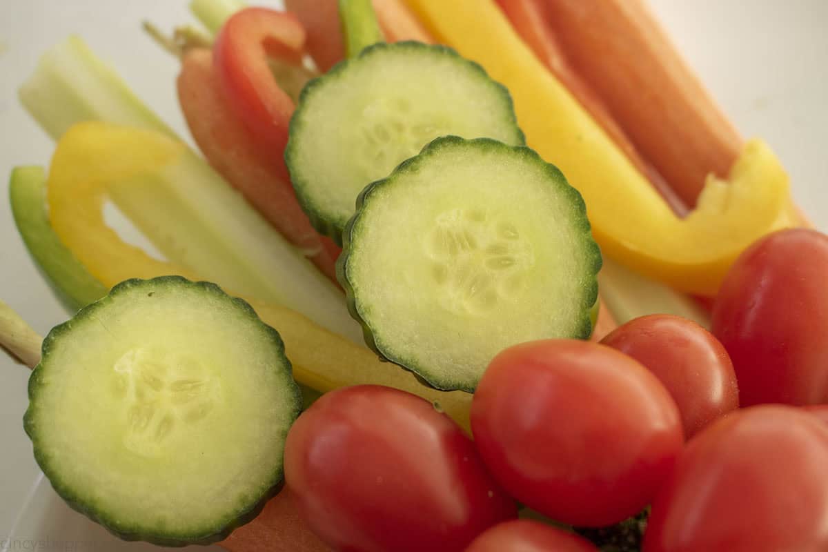 Cucumbers added on top of the pepper feathers.