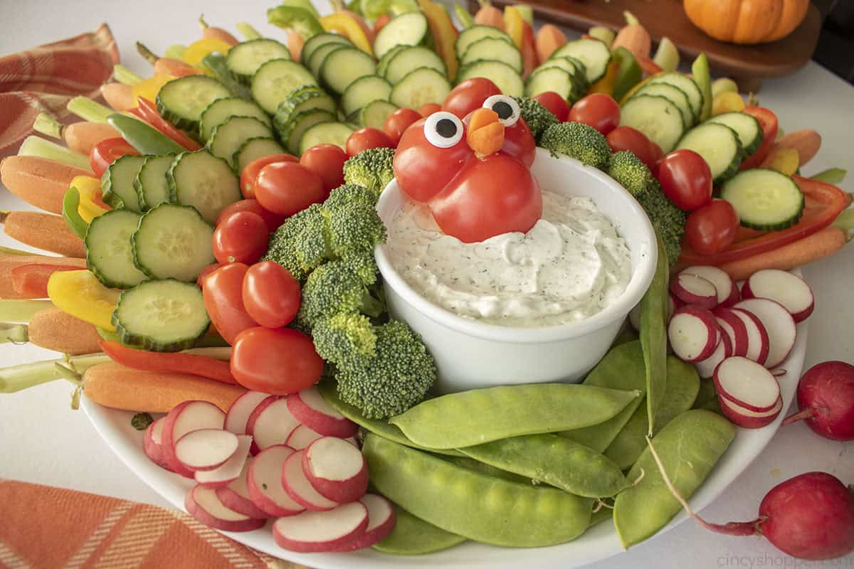 Side view of thanksgiving vegetable appetizer tray.