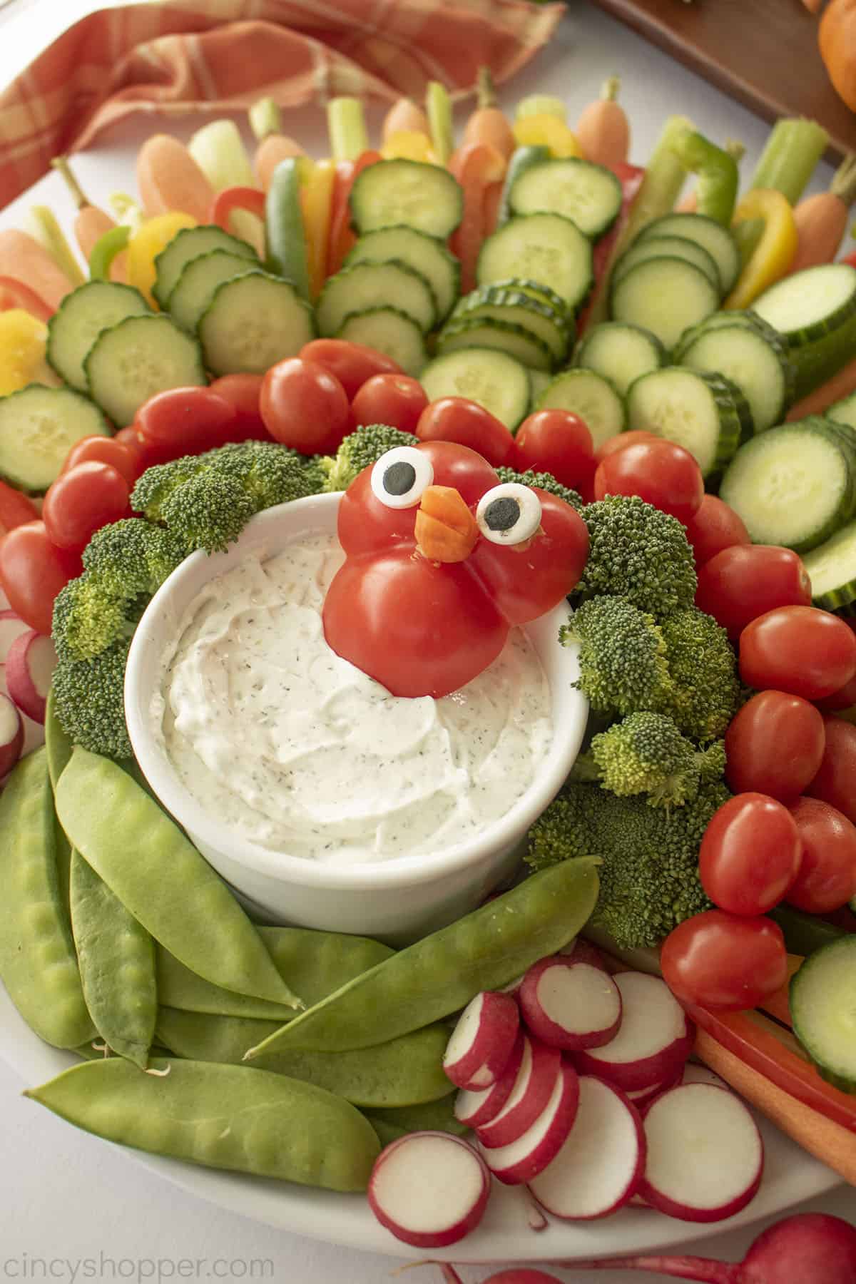 Closeup of turkey face and dip with vegetables. 
