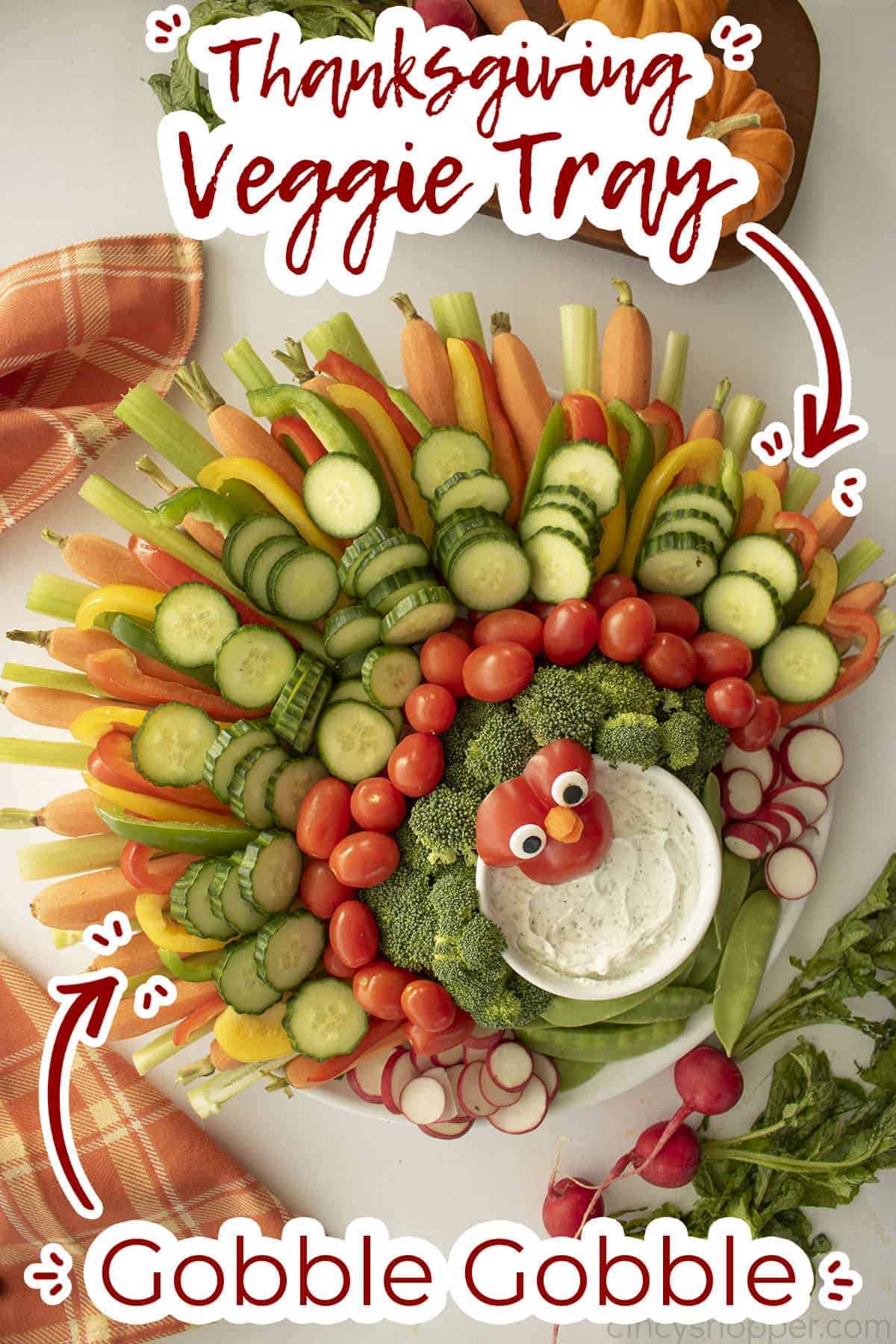 Overhead view of turkey vegetable platter with text on image 'Gobble Gobble"