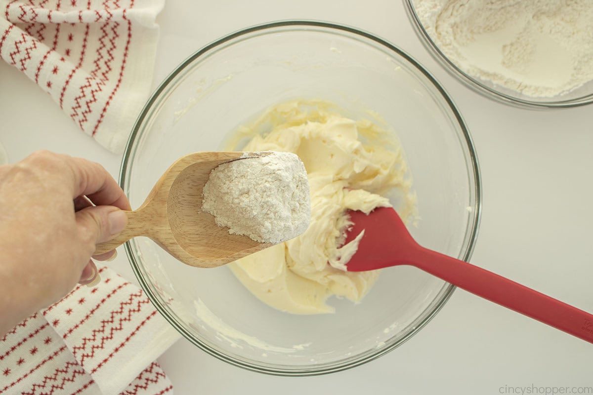 Flour cornstarch mixture added to butter mixture.